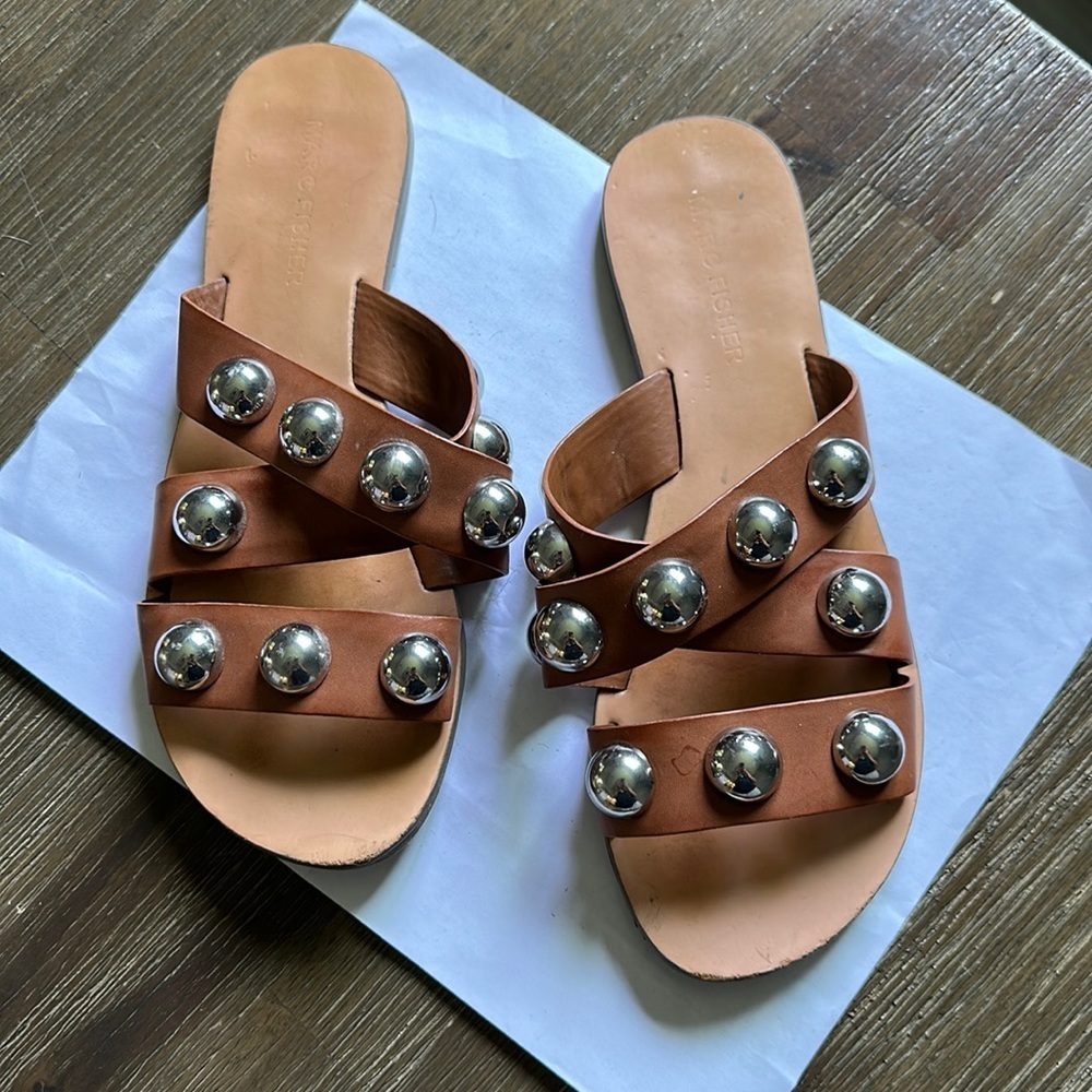 Marc Fisher Tan Sandals with Metallic Accents